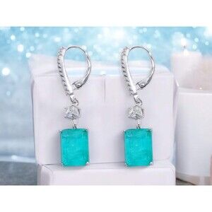 Paraiba Blue Earrings, Geometric Dangle Square Hoop Design